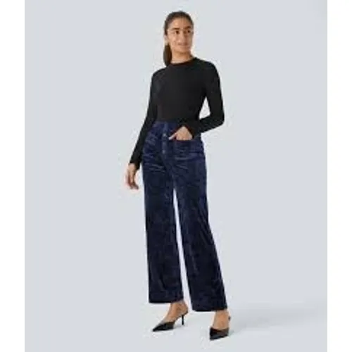 Halara Women Pants S Navy Blue Crushed Velvet Wide Leg High Waist Button Front - Image 3