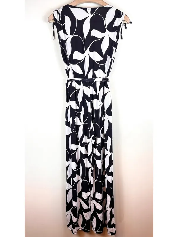 Lola + Kenni Black White Floral Wide Leg Wrap Jumpsuit Size L Belted Resort - Image 7