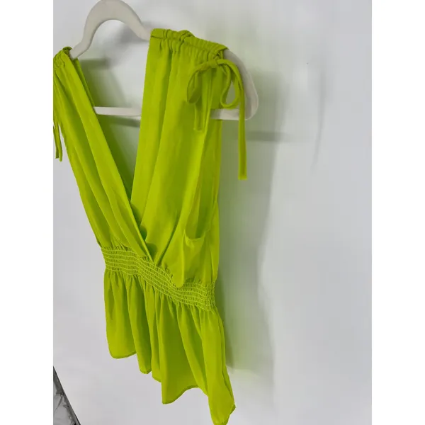 JON & ANNA Peplum Top Women XL Neon Lime Green Tie Shoulder V-Neck Smocked‎ NWT - Image 3