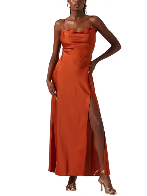 Astr Satin Gaia Midi Dress - Rust Orange - Image 3