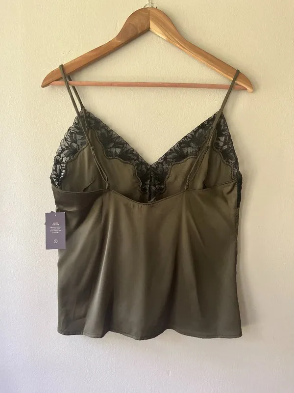 Auden Sz S Lace Trim Satin Pajama Tank Top Olive Green Pullover Cami‎ - Image 3