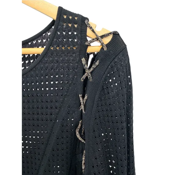 Bebe Lace Up Shoulder Sweater Top XL Black Open Knit Metallic Cage Sleeve NWT - Image 2