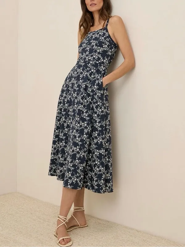 PACT Organic Cotton Fit Flare Midi Dress Size Large Navy Floral Shelf Bra Knit - Image 2