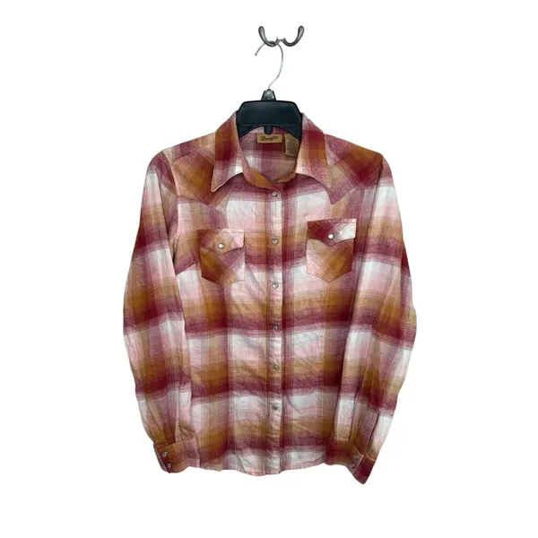 Wrangler Women Pearl Snap Plaid Flannel Shirt Red‎ Cream Chest Pockets Small - Image 2