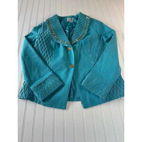 Odeliah Denim Teal Blue Smocked Studded Skirt & Jacket Set Size 16 Vintage Style - Image 7