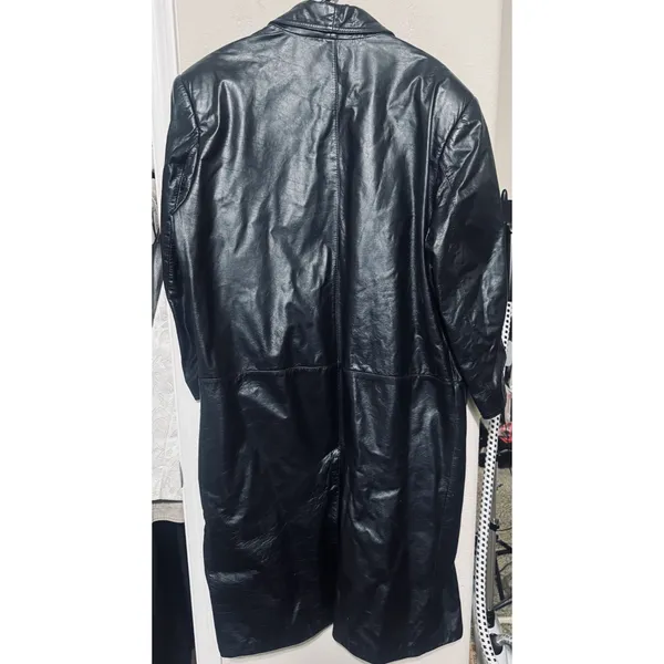 Vtg 90s Global Identity leather Coat womens L black Long 90s Trench Matrix Y2K - Image 8