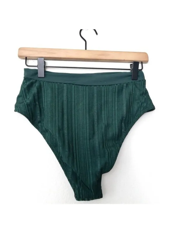 NEW Tavik Pernille High Waisted Bikini Bottom L Pine Green Metallic Stripe Swim - Image 11