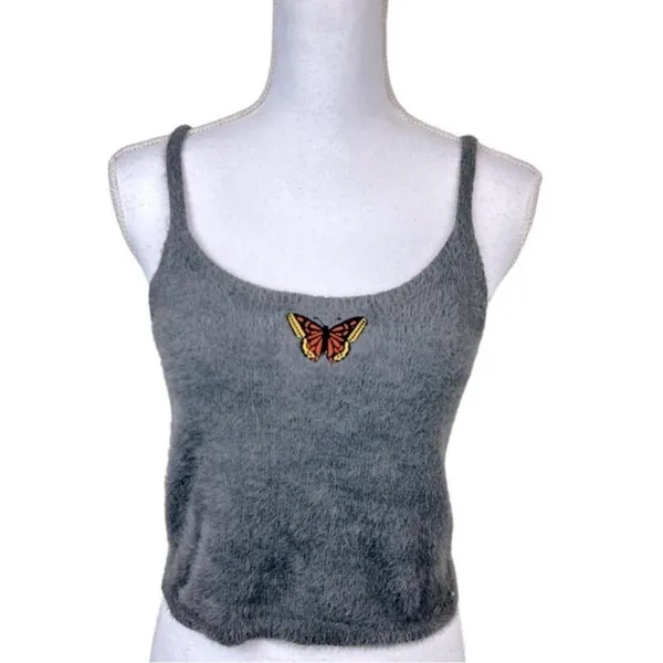 Hollister Women’s Retro Y2K Fuzzy Butterfly Gray Tank Top Size Large - Image 2