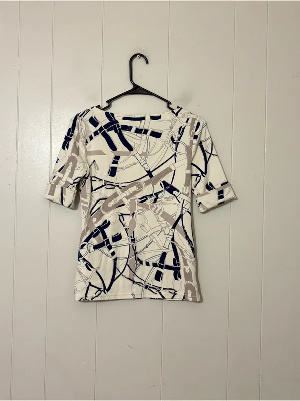 Lauren Ralph Lauren Belt Print Boatneck Top Navy Cream Equestrian Stretch Tee S - Image 13
