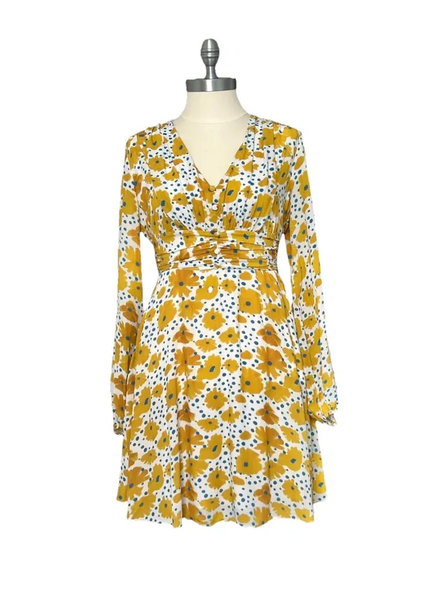 Vera for Anthropologie Sz XS Buttercup Mini Dress Floral Yellow Blue Buttons - Image 4