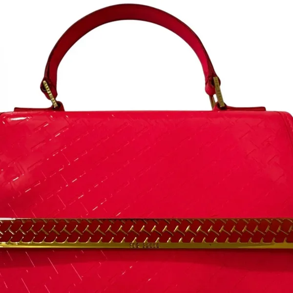 Ted Baker London Neon Pink Patent Embossed T Logo Top Handle Bag Gold Hardware - Image 7