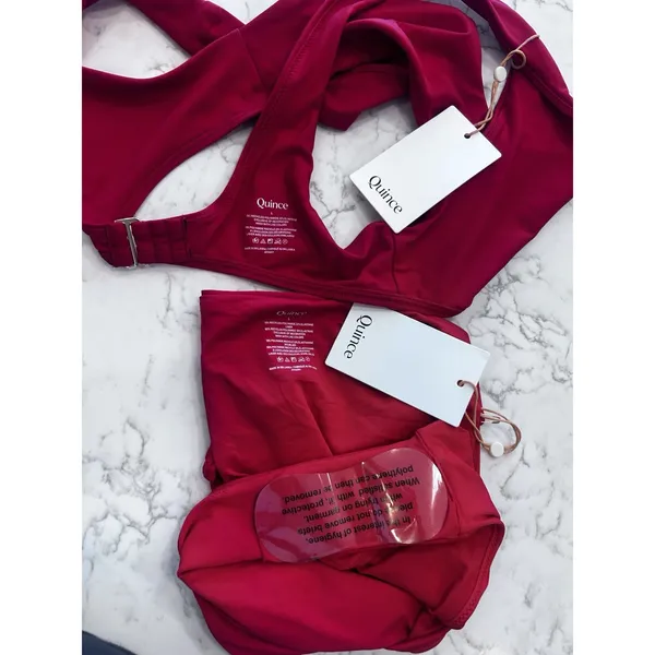 NWT Quince Cherry Red Italian Plunge Bikini Top & High Rise High Leg Bottom Lrg - Image 3