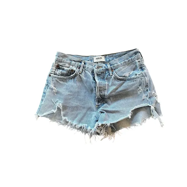 AGOLDE Parker Distressed High Rise Jean Shorts Light Wash | 27 - Image 3