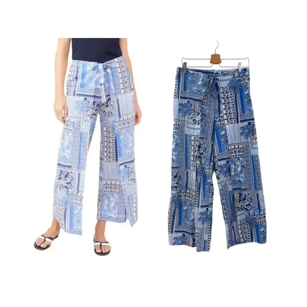 J.McLaughlin Eugene Palm Patchwork Wide Leg Pull On Pants Blue White Size Medium - Image 2