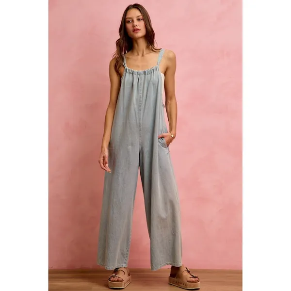 SO ME Wide Leg Lightweight Denim Overalls - Light Denim - Medium - Image 5