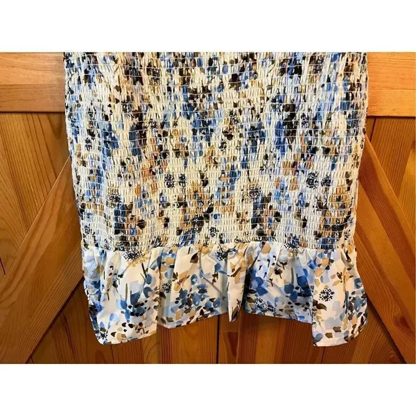 NSR Puff Sleeve Smocked Mini Dress Satin Short Ivory Blue Floral Size Small nwt - Image 3