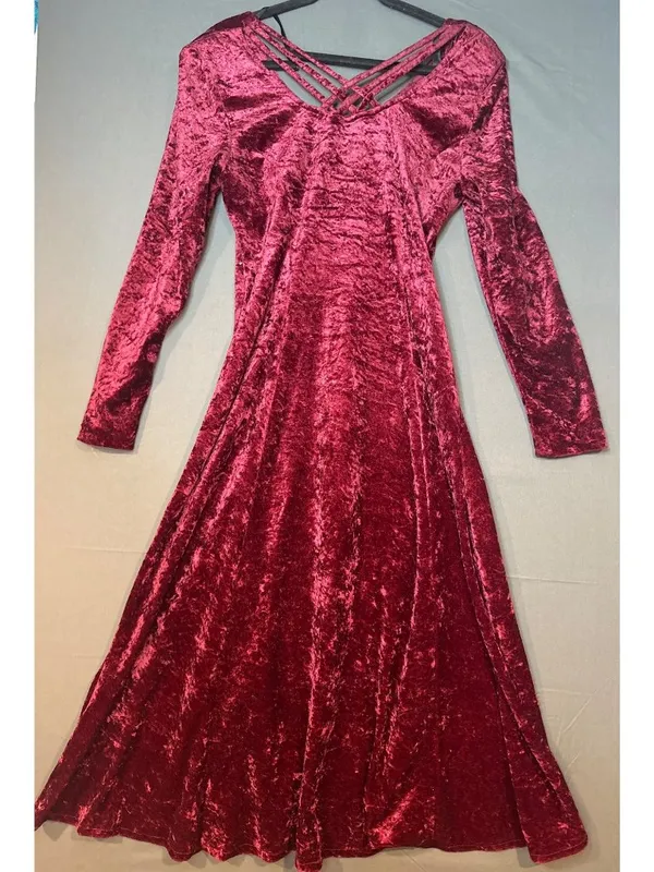Vintage 90s Fashion Bug Size 10 Burgundy Crushed Velvet Maxi Dress Goth Holiday - Image 4