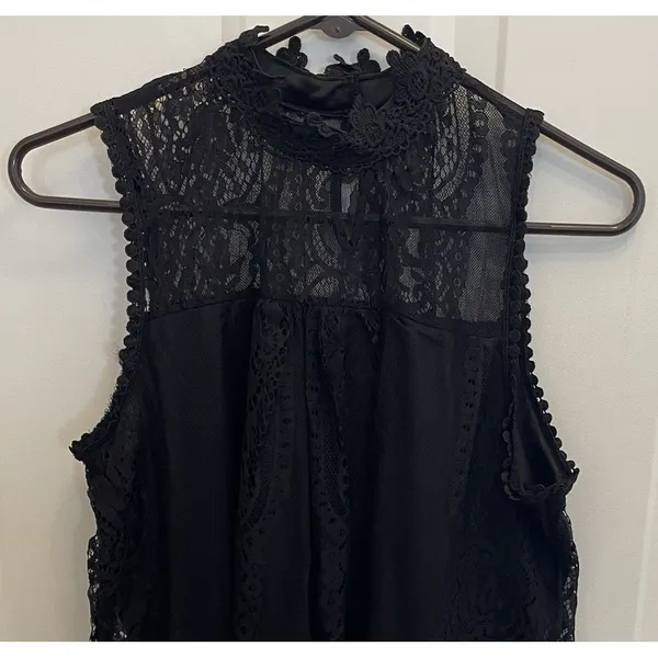 Black Sleeveless Lace High Neck Button Key Hole Top Knit Body Witchy Whimsigoth - Image 2