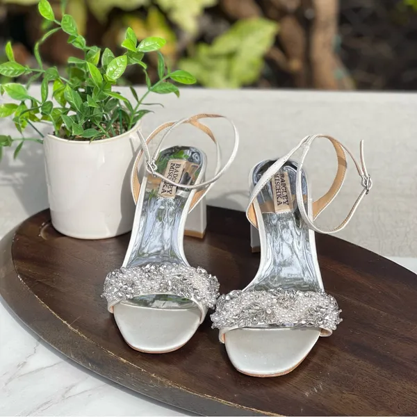 Badgley Mischka White Jeweled Block Heel Sandals - Image 9