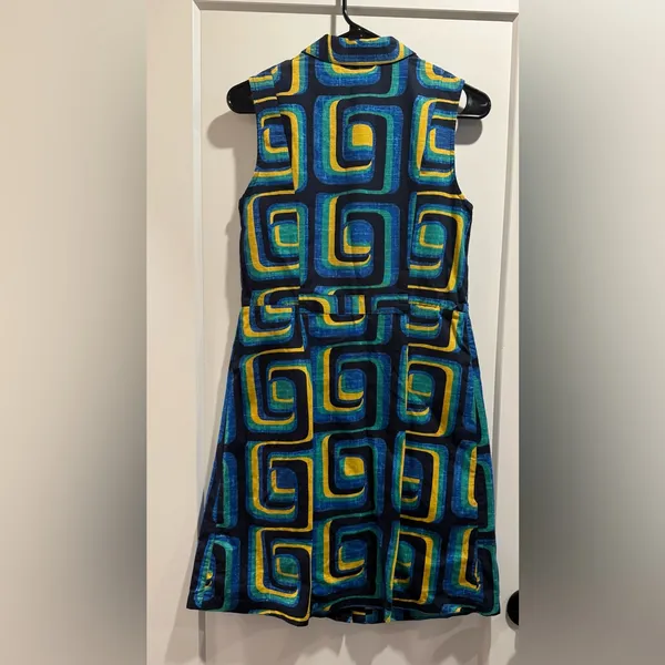 Boden Geometric Blue and‎ Green Midi Dress Size 6R - Image 4