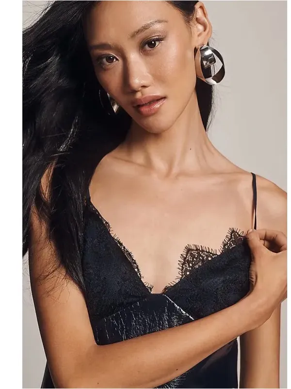 Anthropologie Faux Leather Lace-Trim Mini Dress in Navy - Image 4