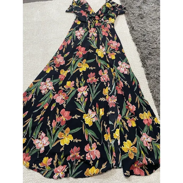 Privacy Please Black Floral Ruffle Maxi Dress Adjustable Straps V-Neck Size S - Image 15