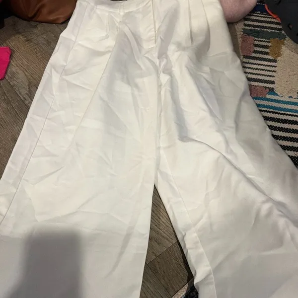 Commense Wide Leg Pleated White Cotton Pants High Waist Pants Size M - Image 4