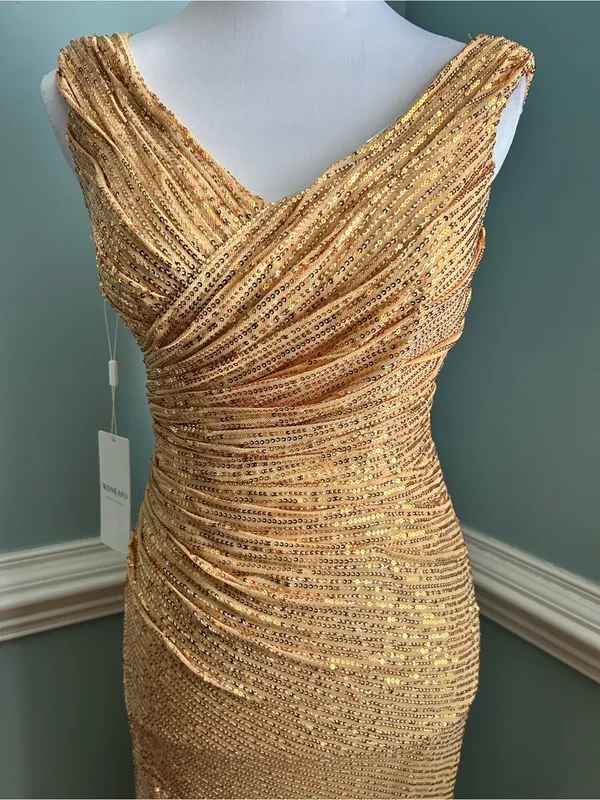 Gold Sequin Ruched V-Neck Prom Gown - Image 3