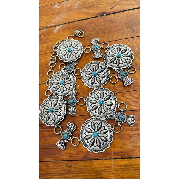 Western Concho Silver Color Turquoise Color Western Wear Belt Small/Medium - Image 2