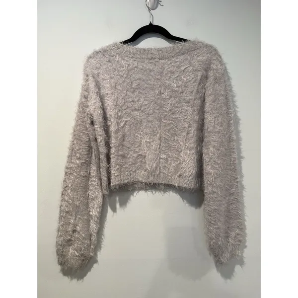 Somedays Lovin Sweater XS Grey Fuzzy Cropped Minimal Dopamine Travel Vacation - Image 2