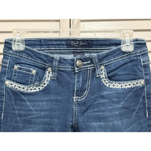 Earl Jeans‎ Med Wash Low Rise Skinny Bootcut Denim Jeans Size 1 Embroidered Gems - Image 2