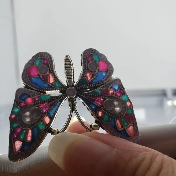 Butterfly Pendant w/ Pink, Blue, Teal Green & Silvery White Resin Necklace - Image 8