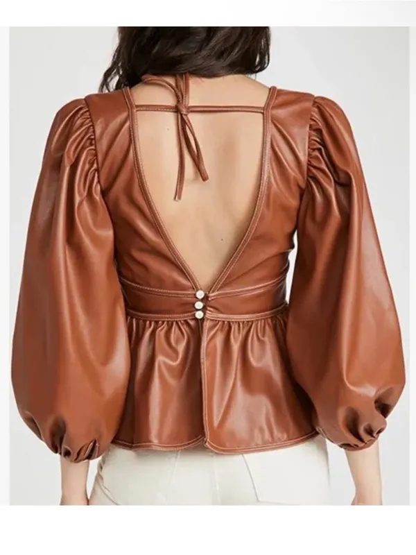 Staud Luna Vegan Leather Peplum Top - Whisky Brown - Image 2