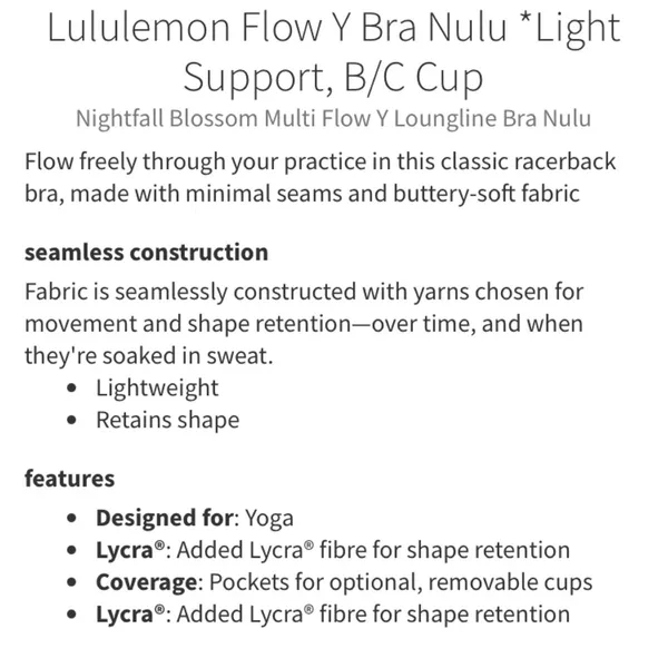 Athletica Flow Y Bra Nulu Light Support Nightfall Blossom Multi Size 6 - Image 12