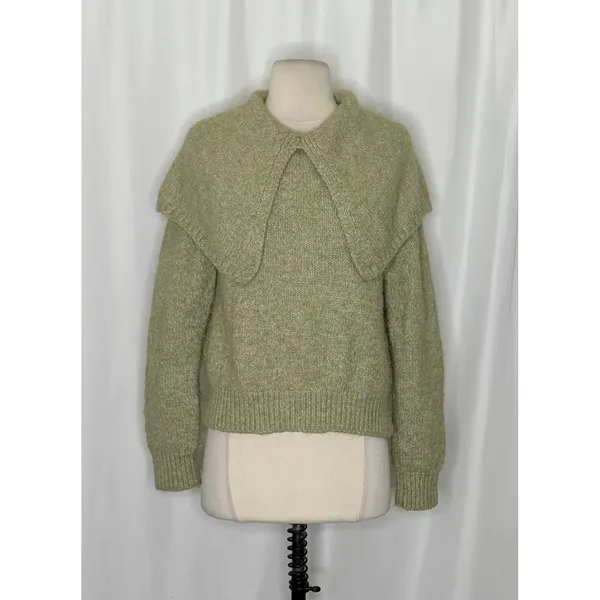 ZARA Wide Lapel Cape Collar Knit Sweater Sage Green Pullover Cottagecore Medium - Image 3