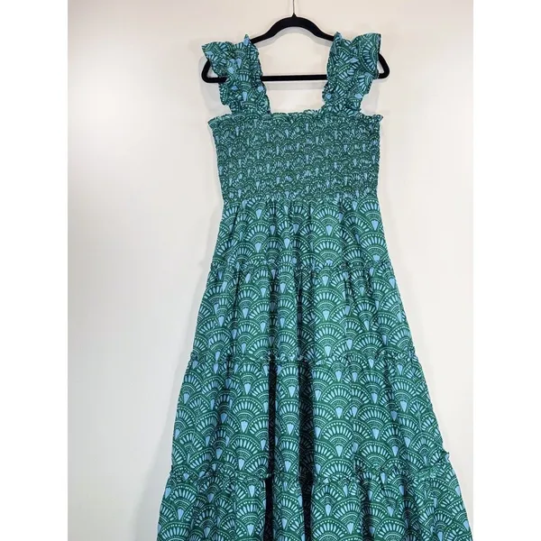 J Marie Midi Dress Green Floral Square Neck Ruffle Smocked Tiered A Line Medium - Image 4