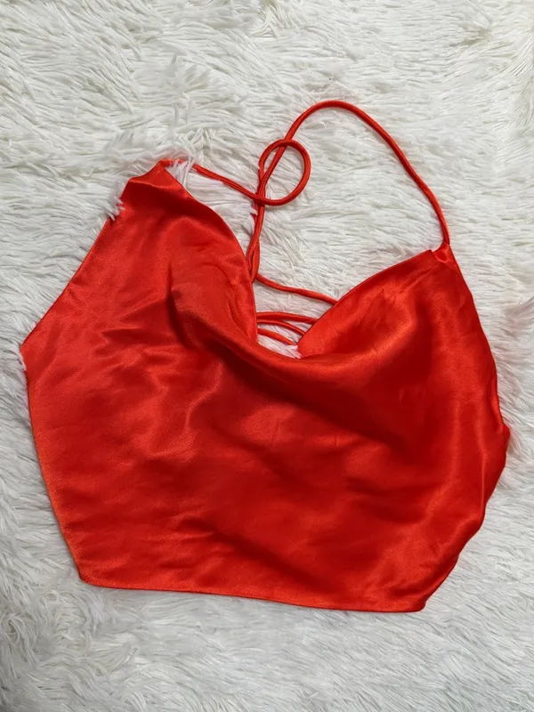 Zara Bright Orange Satin Crop Top - Image 3