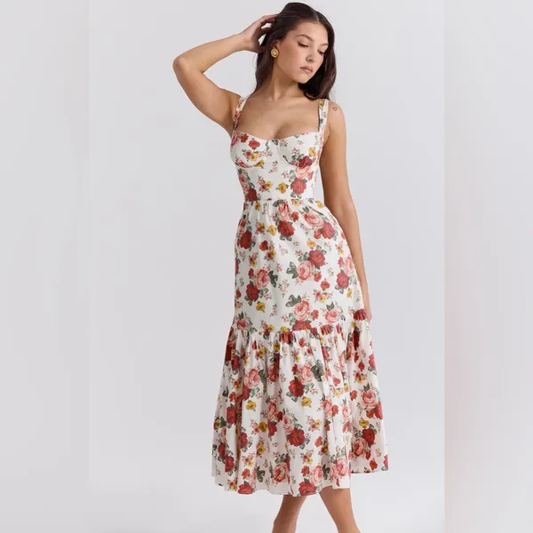 House of CB Elia Italian Rose Print Cotton Midi Sundress Plus cup - Image 3