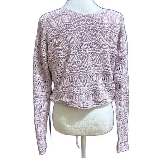 Jessica Simpson Sweater Womens M Lavender Pointelle Crochet‎ Ruched Crop Boho - Image 3