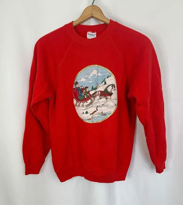 Vintage Hanes Christmas Sweatshirt Horse Sleigh Graphic Crewneck Red Women Large - Image 2