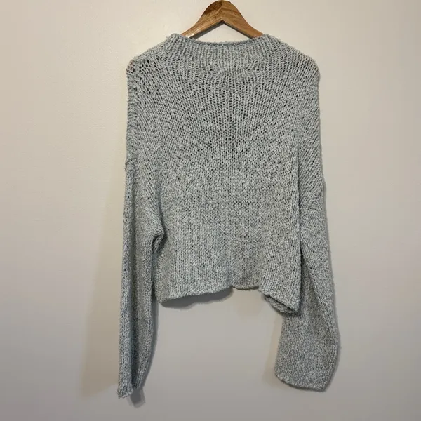 Anthropologie Chunky Knit Sweater Size Large Wide Bell Sleeves Blue Cotton - Image 6