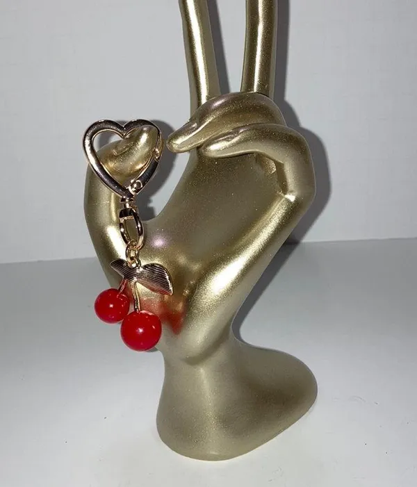 Gold-tone Red Cherry Keychain or Bag Charm on Swivel Heart Clip - Image 4