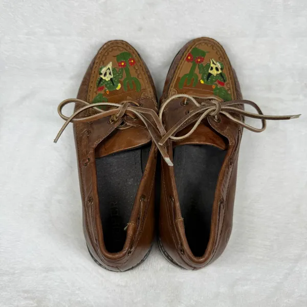 Roper Brown Leather‎ Hand Painted Cactus Skull Boat Shoes Moccasins 9 - Image 8