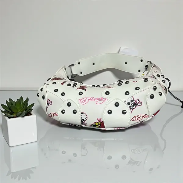 Ed Hardy White Skull Rose Tattoo Print Hobo‎ Shoulder Bag Studded Punk Rock - Image 5