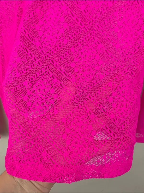 Anthropologie Bright Pink Floral Sheer Lace Long Sleeve Mock Neck Top Size Large - Image 6