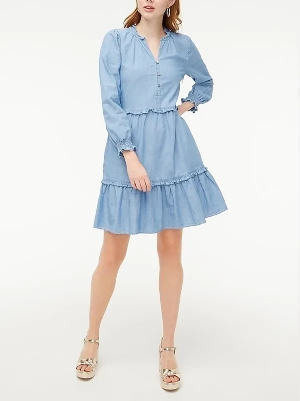 $129 J.CREW chambray denim ruffle dress 10 - Image 2