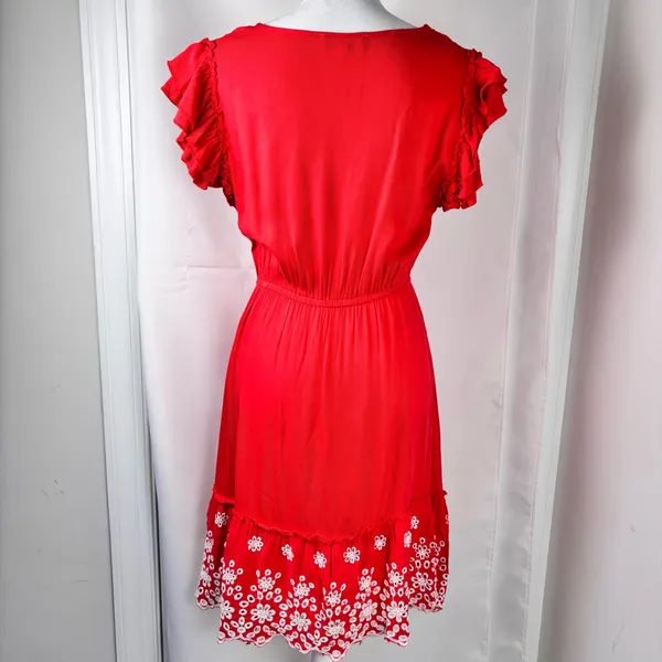 SOLITAIRE Red Summer Dress Women’s Size Medium Boho Eyelet Hem Ruffle Sleeve - Image 9