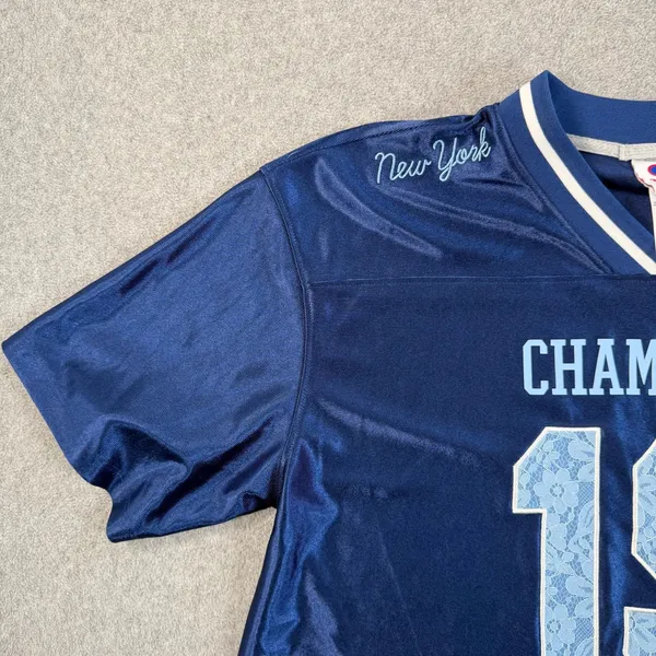 Champion New York 19 Cropped Football Jersey Top Women's Medium Blue Lace - Image 4