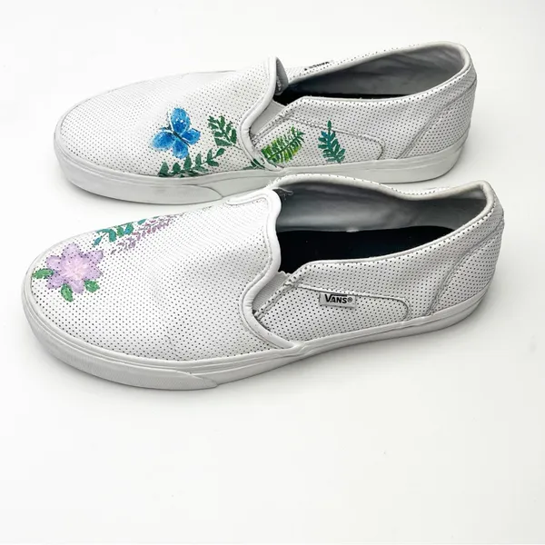 VANS White Perforated Leather Floral Custom Painted Slip On Shoes, Size 10 Boho - Image 11