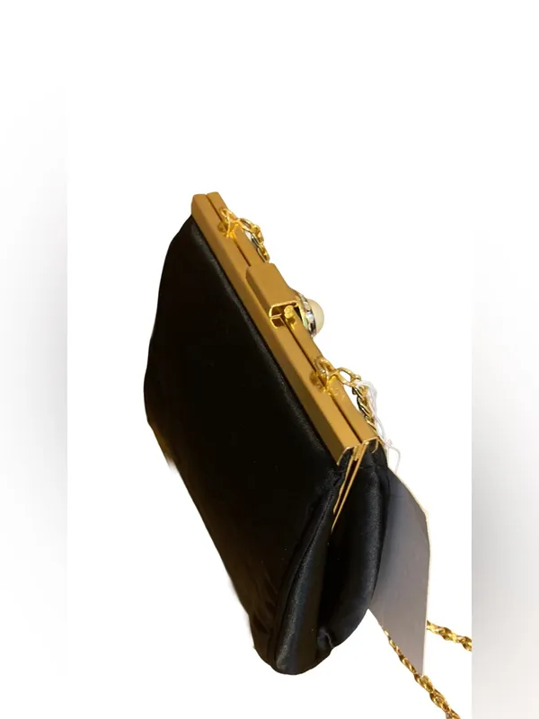 Slg Black And Gold Faux Pearl & Rhinestone Clasp Boxy Evening Bag - Image 4